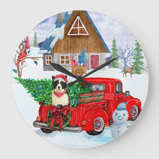 Border Collie Hund in Christmas Delivery LKW Schne Große Wanduhr (Vorderseite)