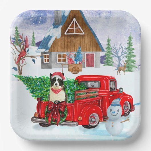 Border Collie Hund in Christmas Delivery LKW Schne Pappteller (Vorderseite)