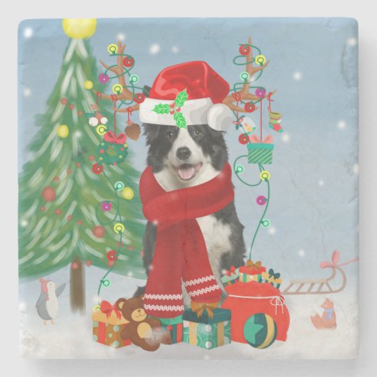 Border Collie Hund in Snow mit Weihnachtsgeschenke Steinuntersetzer (Vorderseite)