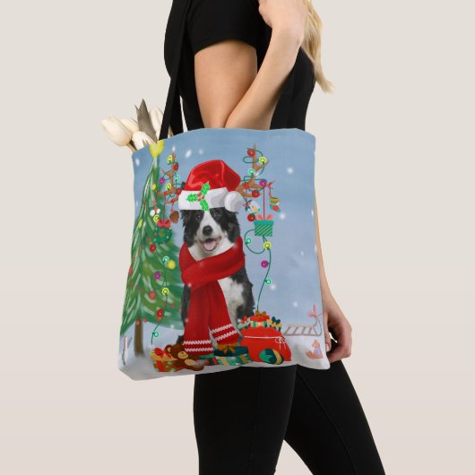 Border Collie Hund in Snow mit Weihnachtsgeschenke Tasche (Von Nahem)
