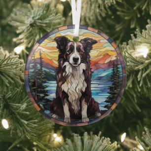 Border Collie Hund Landschaft Berg Glasmalerei Ornament Aus Glas