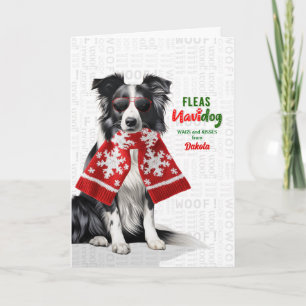 Border Collie Hund Lustige Flöhe Navidog mit Namen Feiertagskarte