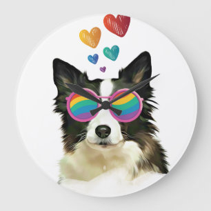 Border Collie Hund mit Herzen Valentinstag Große Wanduhr