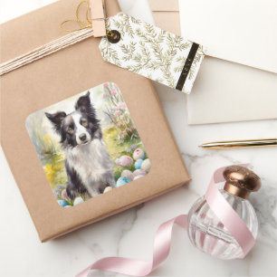 Border Collie Hund mit Ostereiern Feiertag  Quadratischer Aufkleber
