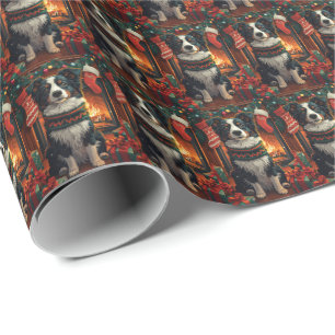 Border Collie Hund mit Weihnachtsgeschenken Kamin Geschenkpapier
