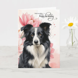 Border Collie Hund Rosa Botanische Blumen Geburtst Karte