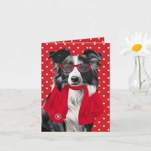 Border Collie Hund rote Polka Punkte monogrammiert Karte