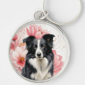 Border Collie Hund und kräftige rosa Lilien Schlüsselanhänger (Vorne)