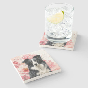 Border Collie Hund und kräftige rosa Lilien Steinuntersetzer