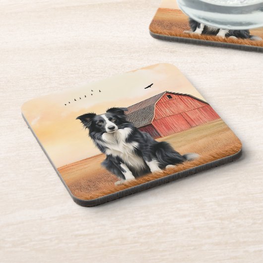 Border Collie Hund und rote Scheune Ranch Getränkeuntersetzer (Linke Seite)