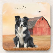 Border Collie Hund und rote Scheune Ranch Getränkeuntersetzer (Vorderseite)