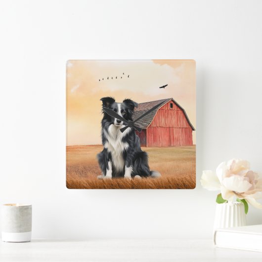 Border Collie Hund und rote Scheune Ranch Quadratische Wanduhr (Zuhause)