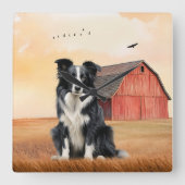 Border Collie Hund und rote Scheune Ranch Quadratische Wanduhr (Vorderseite)