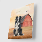 Border Collie Hund und rote Scheune Ranch Quadratische Wanduhr (Winkel)