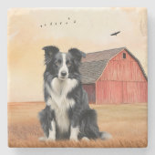 Border Collie Hund und rote Scheune Ranch Steinuntersetzer (Vorderseite)