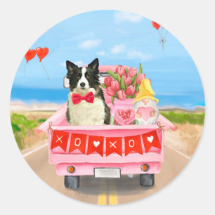 Border Collie Hund Valentinstag Lastwagen Herzen Runder Aufkleber
