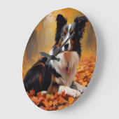 Border Collie im Herbst Leaves Fall Inspiriert Große Wanduhr (Winkel)