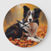 Border Collie im Herbst Leaves Fall Inspiriert Große Wanduhr (Vorderseite)