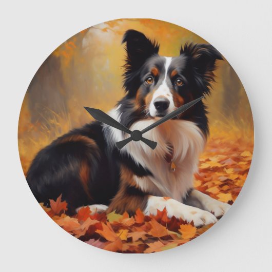 Border Collie im Herbst Leaves Fall Inspiriert Große Wanduhr (Vorderseite)
