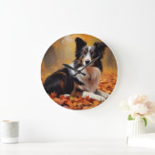 Border Collie im Herbst Leaves Fall Inspiriert Große Wanduhr (Zuhause)
