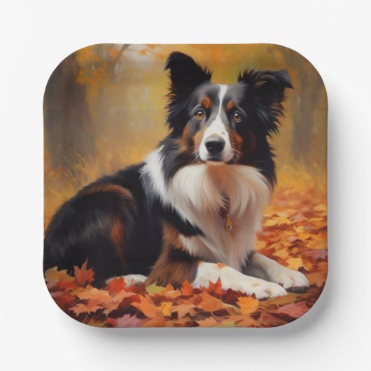 Border Collie im Herbst Leaves Fall Inspiriert Pappteller (Vorderseite)