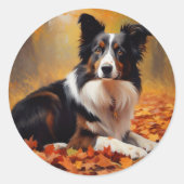 Border Collie im Herbst Leaves Fall Inspiriert Runder Aufkleber (Vorderseite)