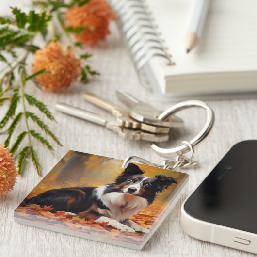 Border Collie im Herbst Leaves Fall Inspiriert Schlüsselanhänger (Vorderseite rechts)