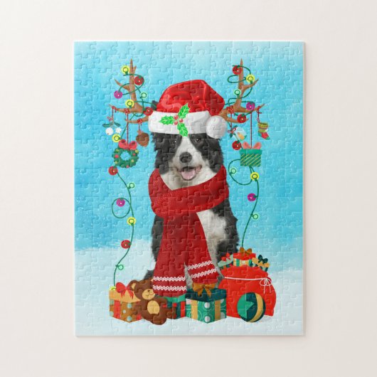 Border Collie im Schnee mit Weihnachtsgeschenken Puzzle (Vertikal)