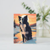 Border Collie im Schneewald bei Sonnenuntergang Postkarte (Stehend Vorderseite)