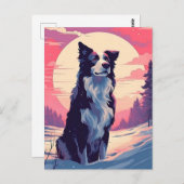Border Collie im Schneewald bei Sonnenuntergang Postkarte (Vorne/Hinten)