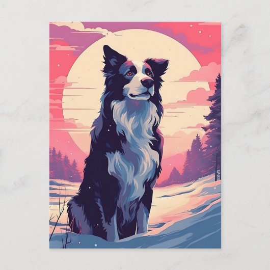 Border Collie im Schneewald bei Sonnenuntergang Postkarte (Vorderseite)