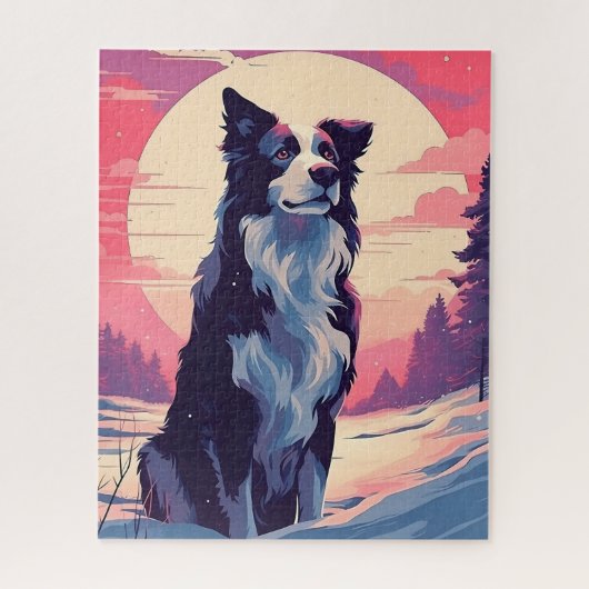 Border Collie im Schneewald bei Sonnenuntergang Puzzle (Vertikal)