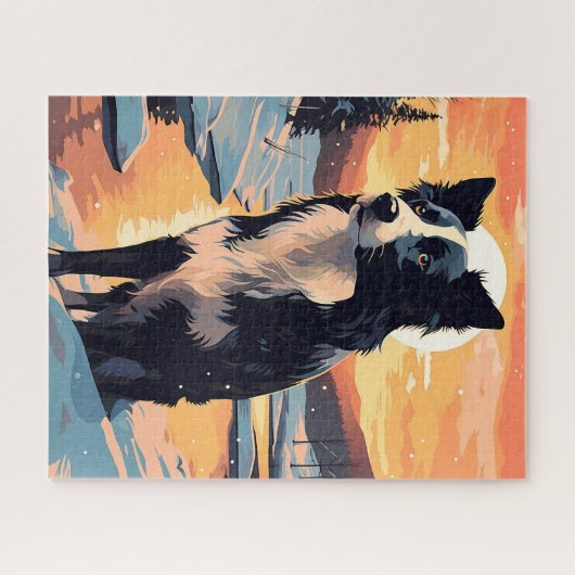 Border Collie im Schneewald bei Sonnenuntergang Puzzle (Horizontal)
