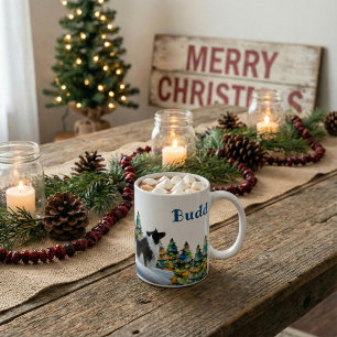 Border Collie im Winter-Schnee-Wald-Weihnachtsbaum Kaffeetasse