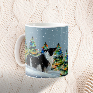 Border Collie im Winter-Schnee-Wald-Weihnachtsbaum Kaffeetasse