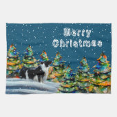 Border Collie im Winterschneewald Weihnachtsbaum Geschirrtuch (Horizontal)