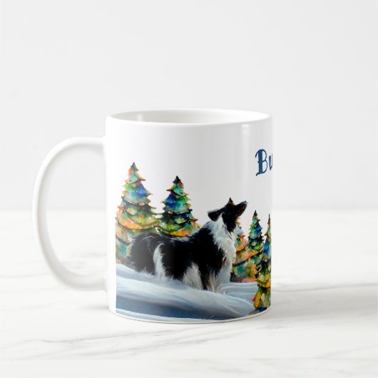 Border Collie im Winterschneewald Weihnachtsbaum Kaffeetasse (Links)