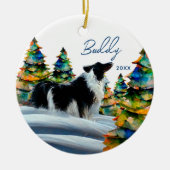 Border Collie im Winterschneewald Weihnachtsbaum Keramik Ornament (Vorne)