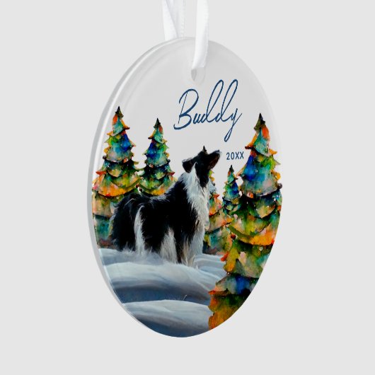 Border Collie im Winterschneewald Weihnachtsbaum Ornament (Vorderseite)