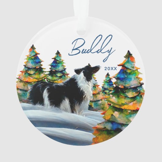 Border Collie im Winterschneewald Weihnachtsbaum Ornament (Rückseite)