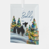 Border Collie im Winterschneewald Weihnachtsbaum Ornament Aus Glas (Vorderseite links)