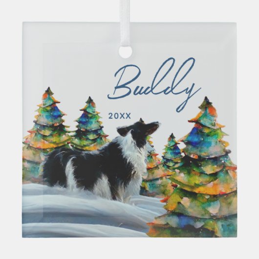 Border Collie im Winterschneewald Weihnachtsbaum Ornament Aus Glas (Vorderseite)