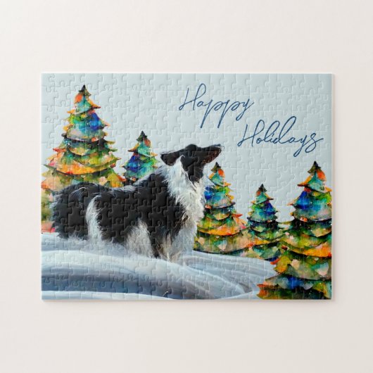 Border Collie im Winterschneewald Weihnachtsbaum Puzzle (Horizontal)
