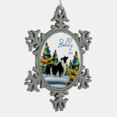Border Collie im Winterschneewald Weihnachtsbaum Schneeflocken Zinn-Ornament (Links)