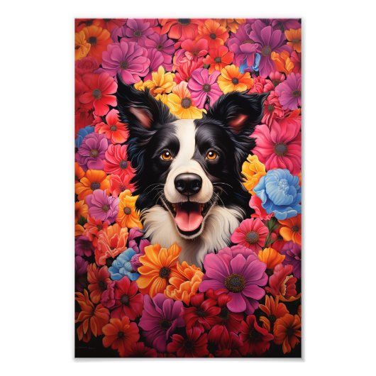 Border Collie in Blume Fotodruck (Vorne)