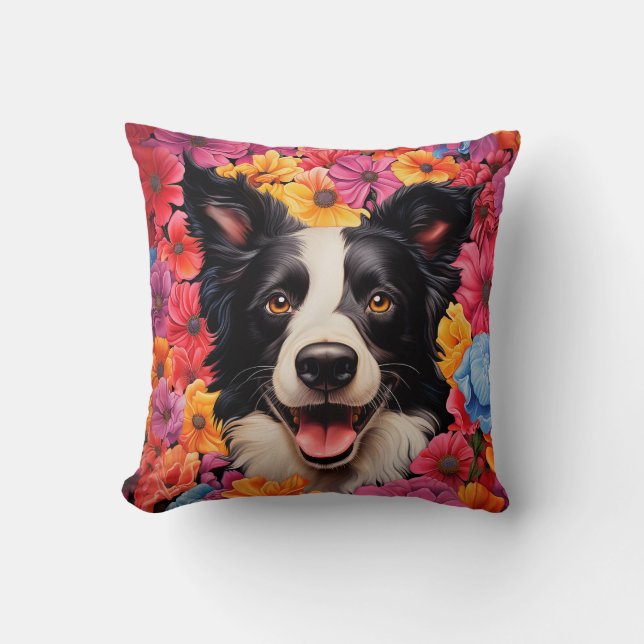 Border Collie in Blume Kissen (Vorderseite)