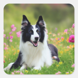 Border Collie in field of Blume Square Aufkleber