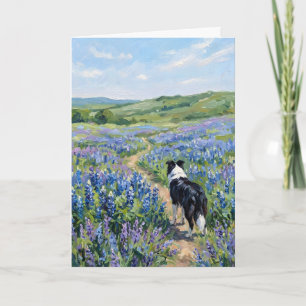 Border Collie in lila Blumen Leer Karte