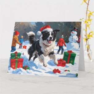 Border Collie in Weihnachtsmannmütze Snow spielen Karte