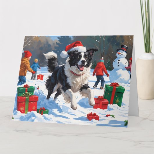Border Collie in Weihnachtsmannmütze Snow spielen Karte (Vorderseite)